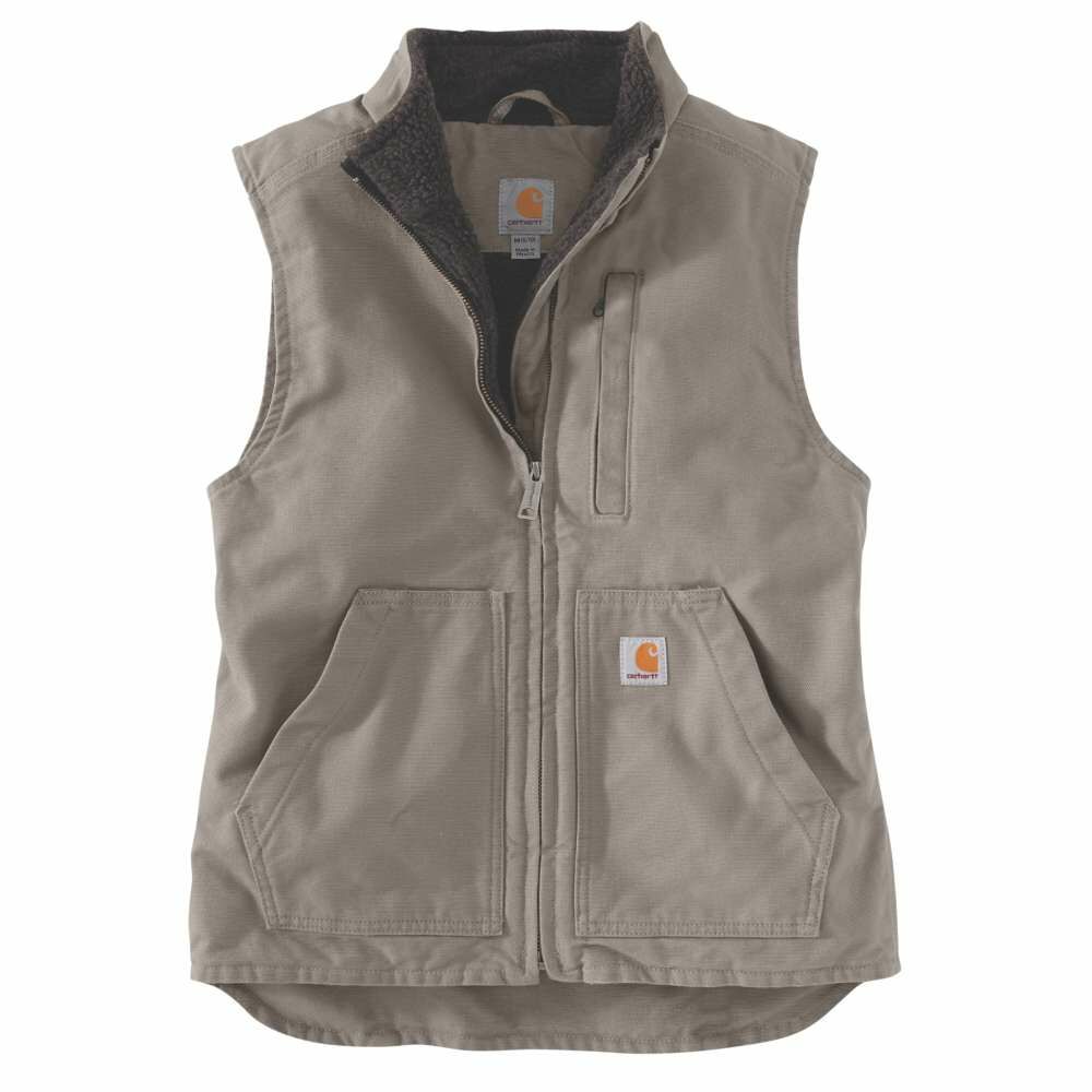 Carhartt Women's Relaxed Fit Washed Duck Sherpa-Lined Mock-Neck Vest in Taupe Gray