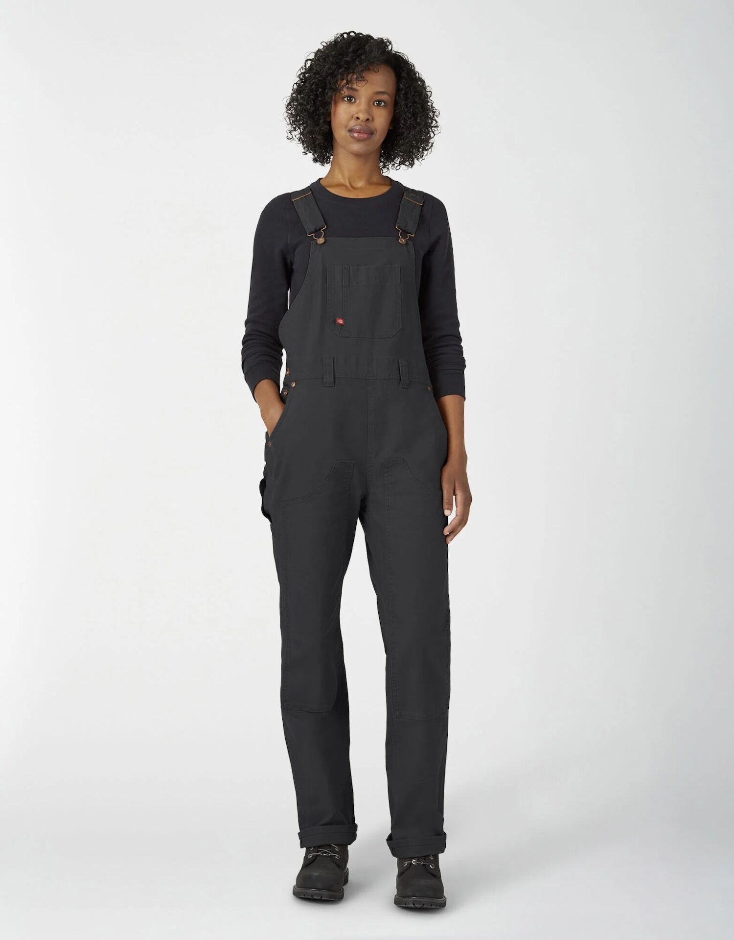 Women's Dickies Double Front Duck Bib Overalls in Rinsed Black
