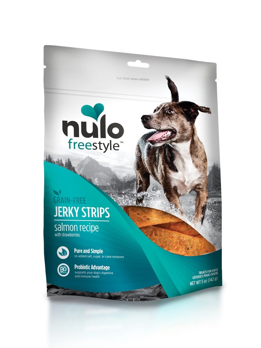 Nulo FreeStyle Dog Jerky Strips Grain-Free Salmon With Strawberries, 5-Oz Bag