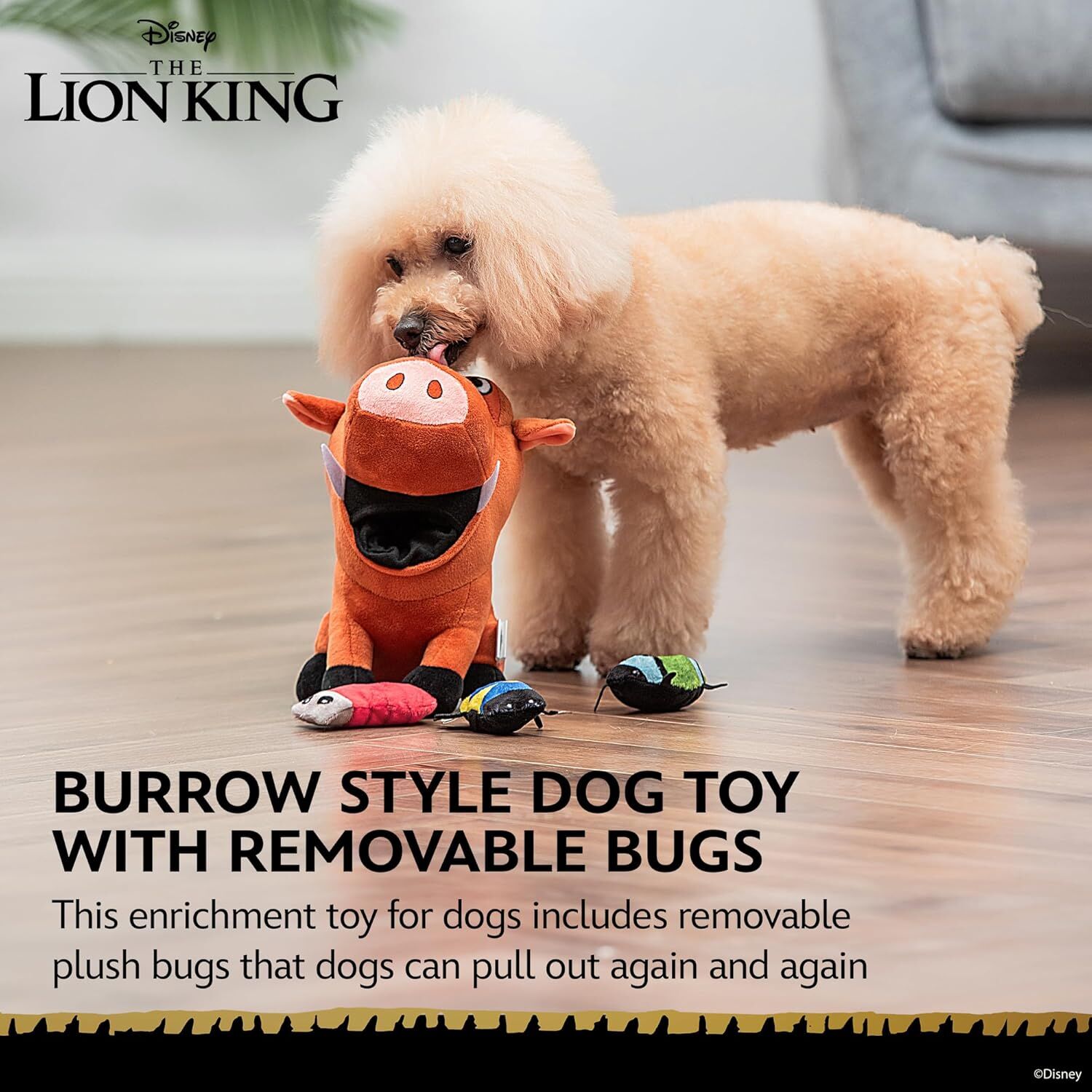 Disney's The Lion King Pumbaa Burrow Squeaker/Crinkle Dog Toy, 9-In