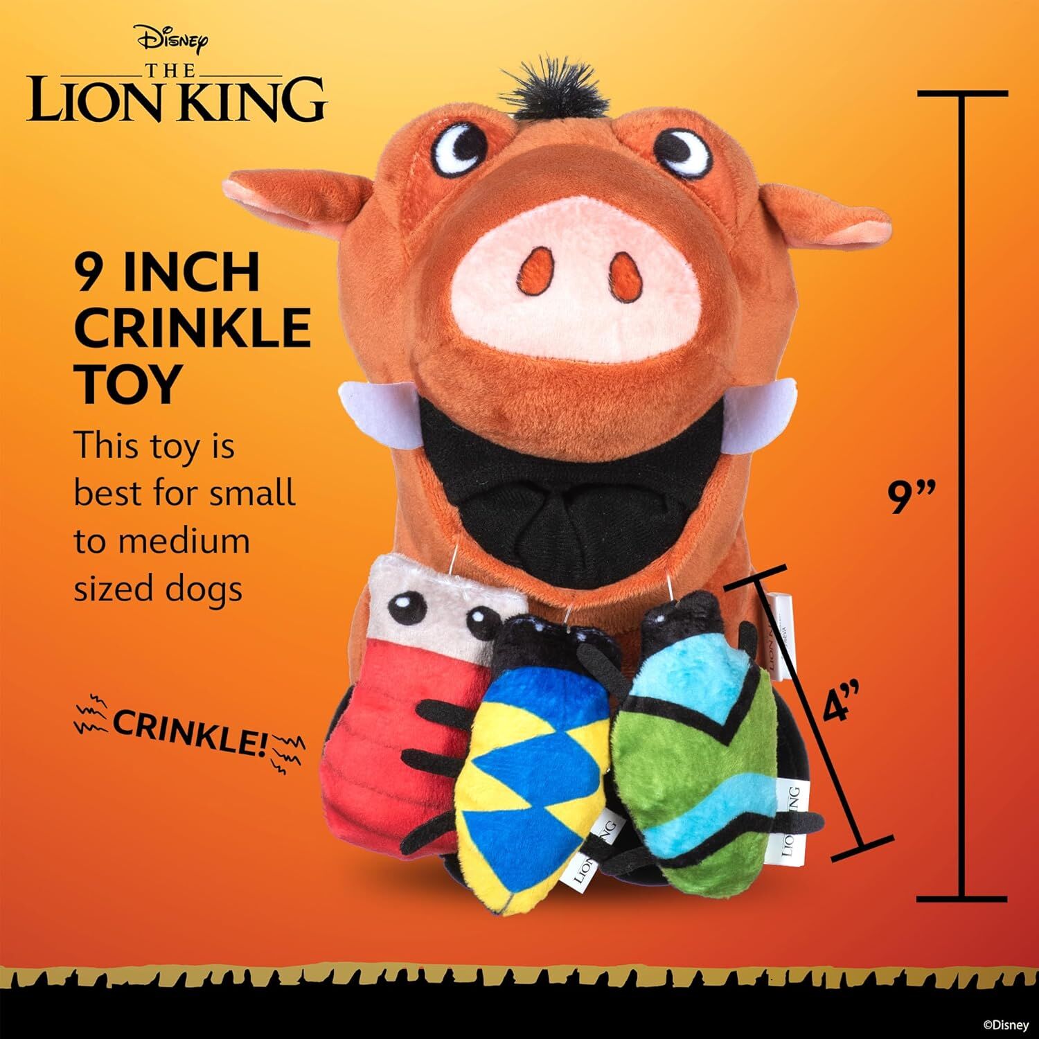 Disney's The Lion King Pumbaa Burrow Squeaker/Crinkle Dog Toy, 9-In