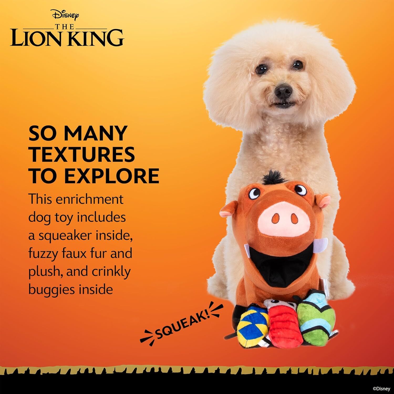 Disney's The Lion King Pumbaa Burrow Squeaker/Crinkle Dog Toy, 9-In