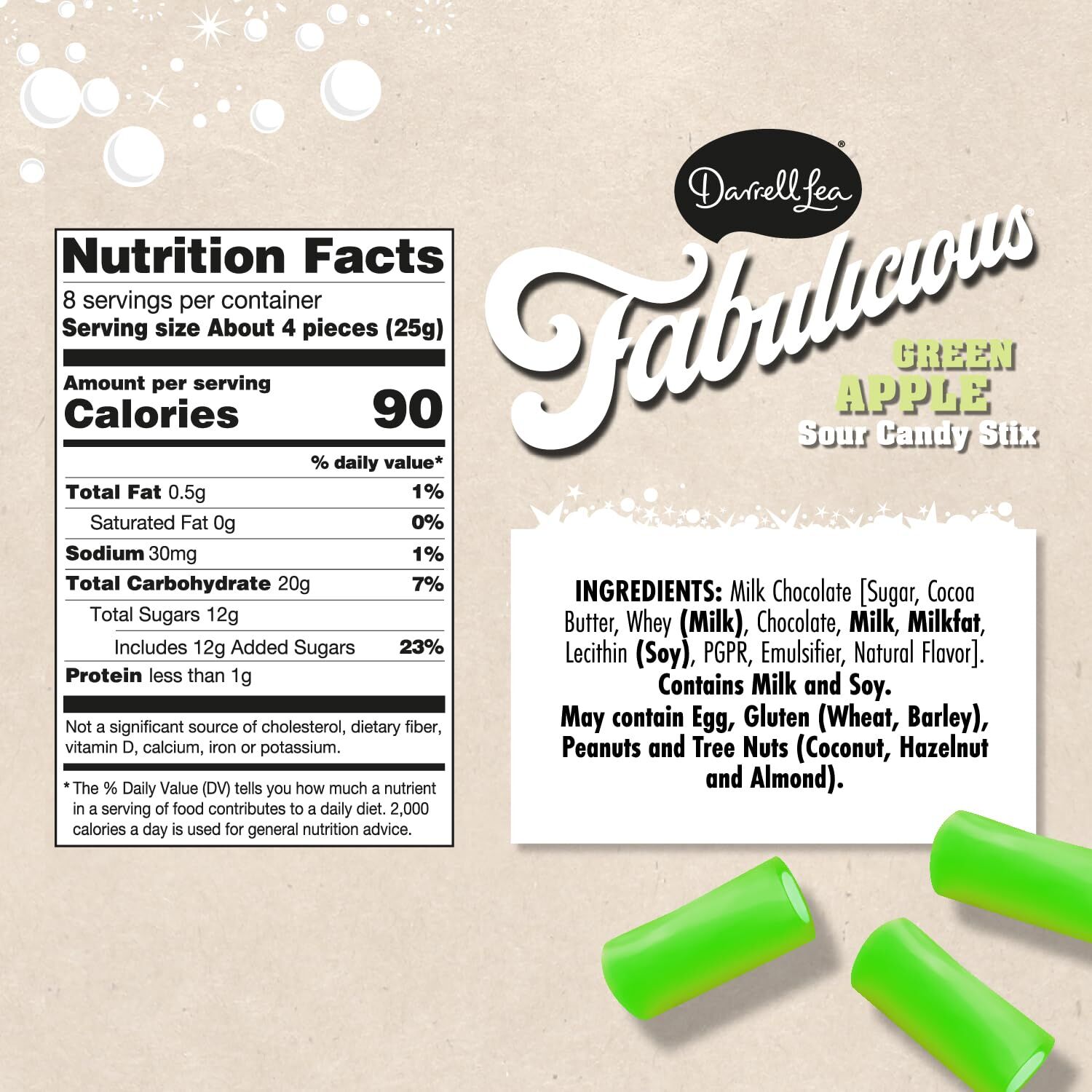 Darrell Lea Fabulicious Green Apple Sour Candy Stix, 7-Oz