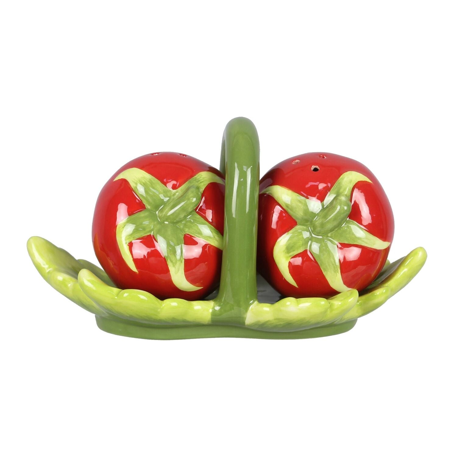 Young's Ceramic Tomato Salt and Pepper on Leaf with Handle Set