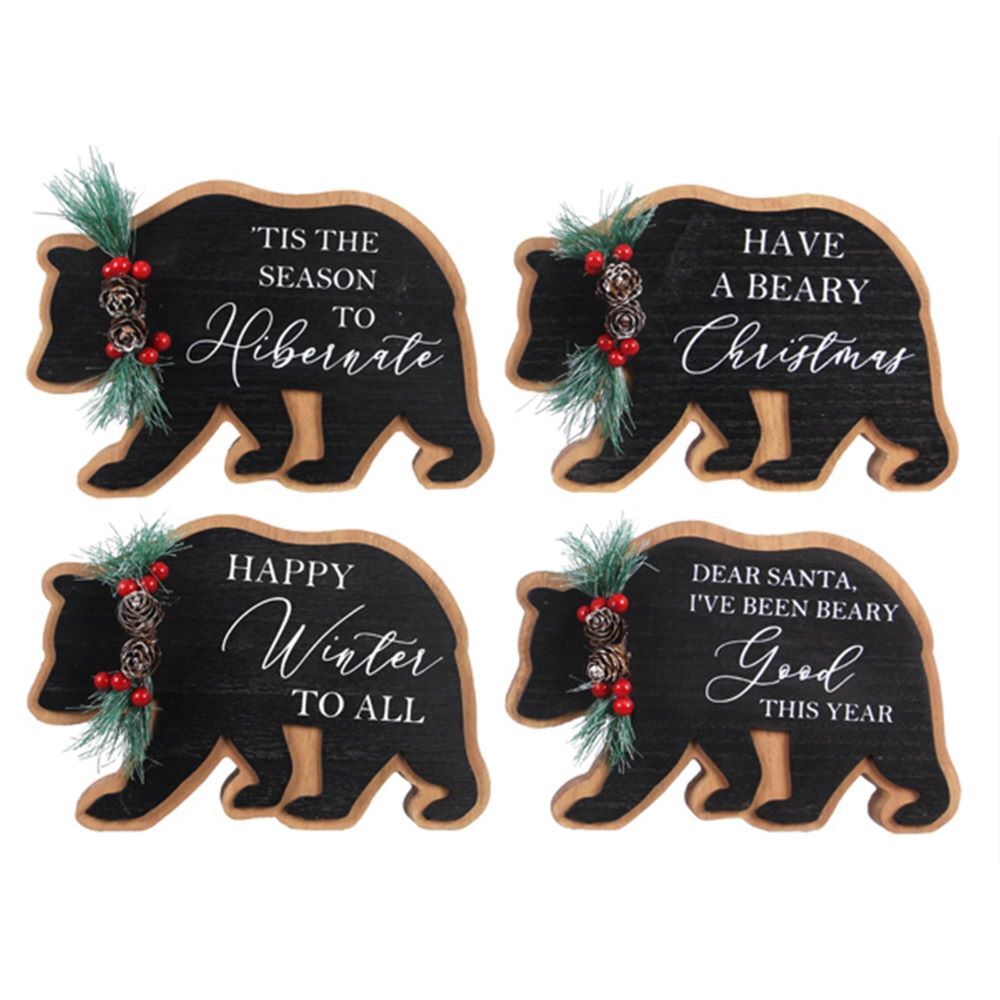Young's Inc Wood Woodland Lodge Bear Shaped Tabletop Sign Assortment