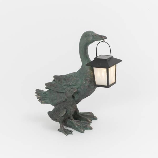 Gerson Resin Mother And Baby Duck With Solar Lantern, 12.8-In