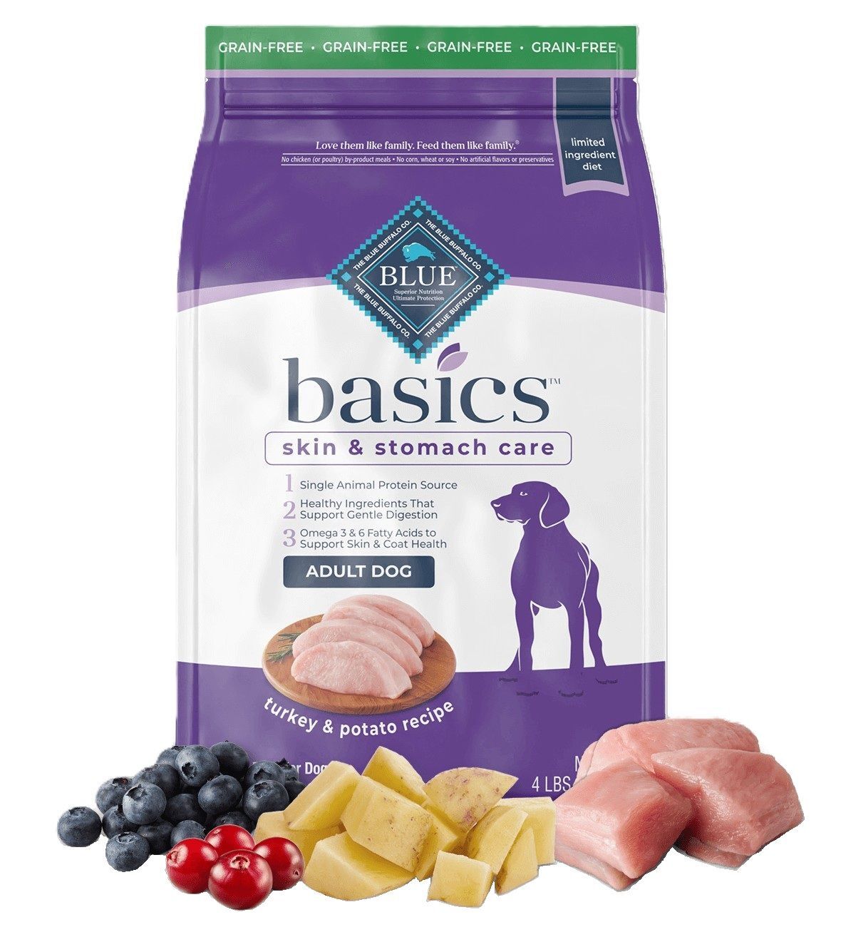 Blue Buffalo Basics Adult Dog Grain-Free Turkey and Potato Recipe Dog Food, 4-Lb