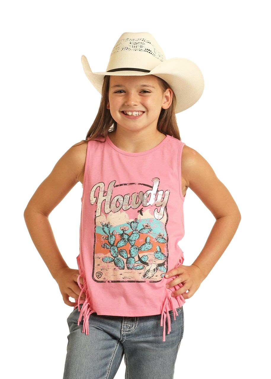 Rock & Roll Cowgirl Girl's Howdy Graphic Tank With Fringe in Pink