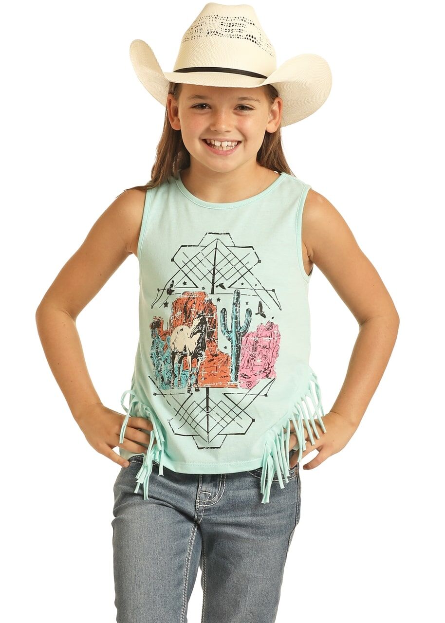 Rock & Roll Cowgirl Girl's Desert Graphic Tank With Fringe in Light Turquoise