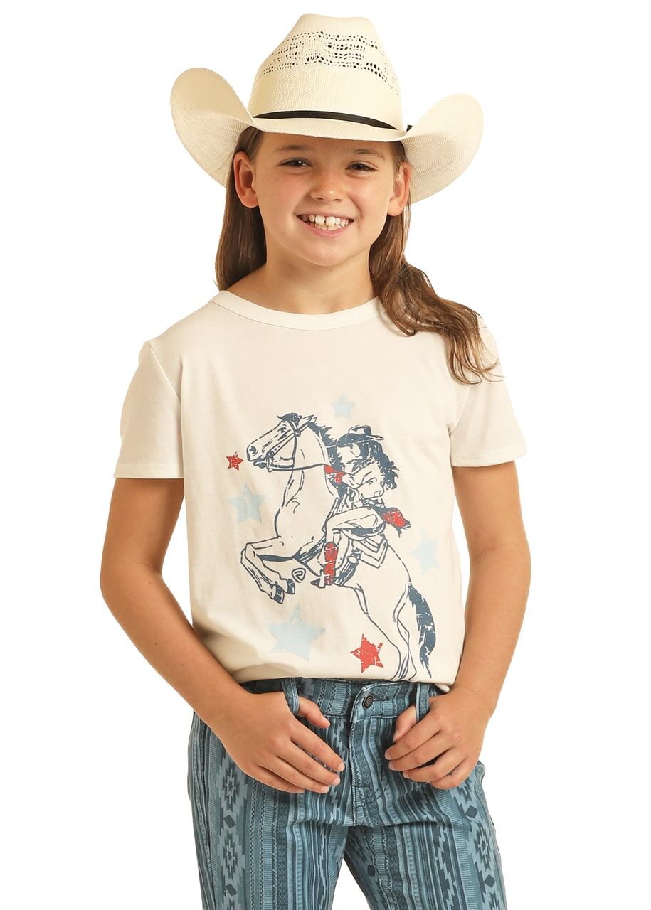 Rock & Roll Cowgirl Girl's Short Sleeve Horse Graphic T-Shirt in Off White
