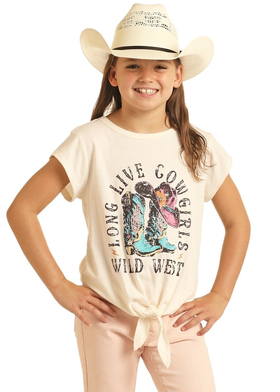 Rock & Roll Cowgirl Girl's Short Sleeve Boot Graphic T-Shirt in Natural