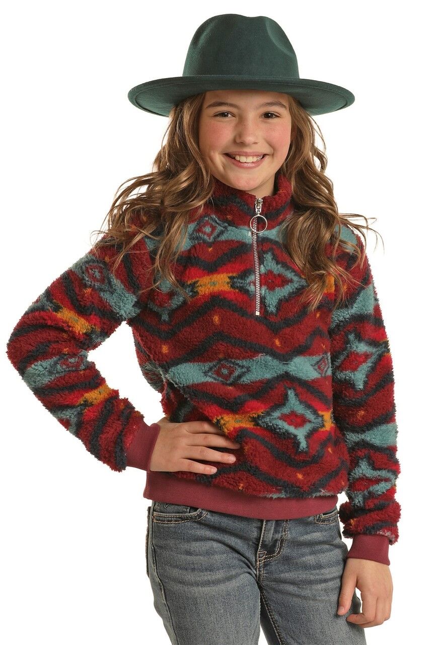 Rock & Roll Cowgirl Girl's Aztec Print Pullover in Burgundy