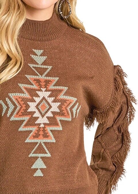 Rock & Roll Denim Women's Aztec Knit Fringe Sweater