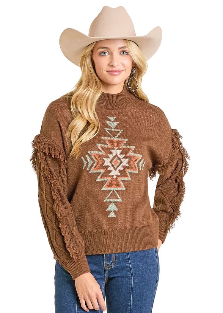 Rock & Roll Denim Women's Aztec Knit Fringe Sweater