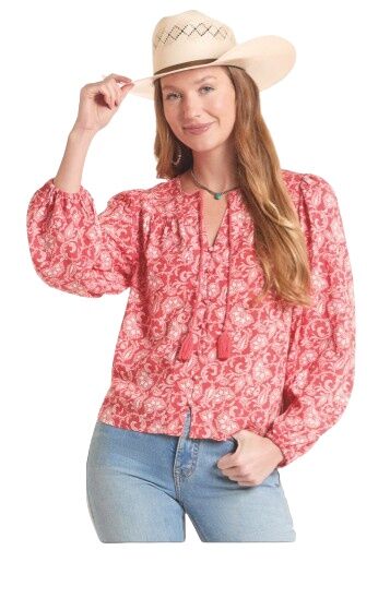 Panhandle Slim Women's Ballon Sleeve Challis Print Top With Tassel Ties