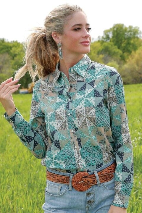 Cruel Denim Women's Girlfriend Fit Geometric Print Snap Front Shirt