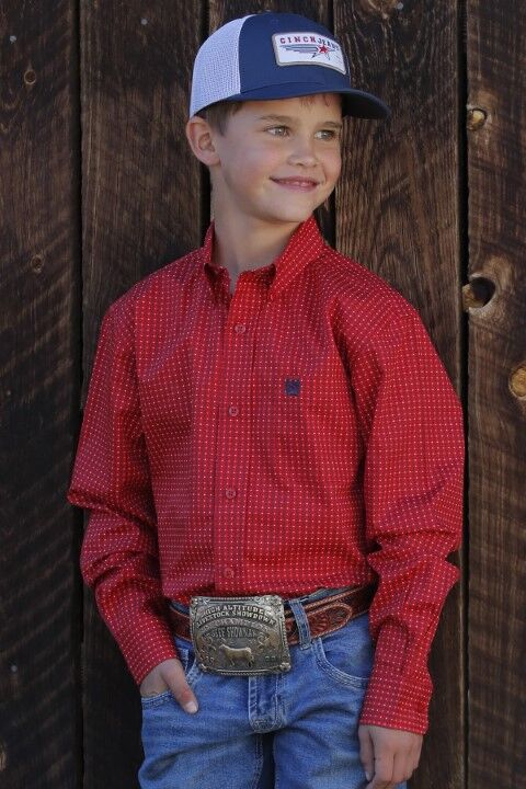 Cinch Boys Match Dad Money Print Button Down Western Shirt in Red