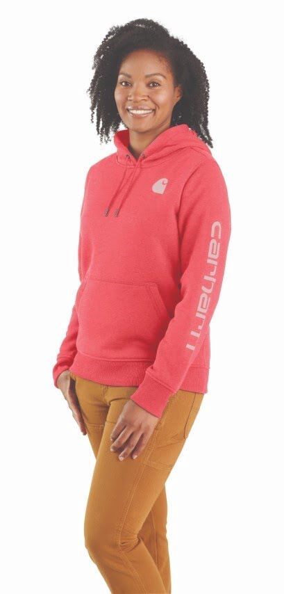 Carhartt Women's Relaxed Fit Midweight Logo Sleeve Graphic Hoodie in Pink Salmon Heather