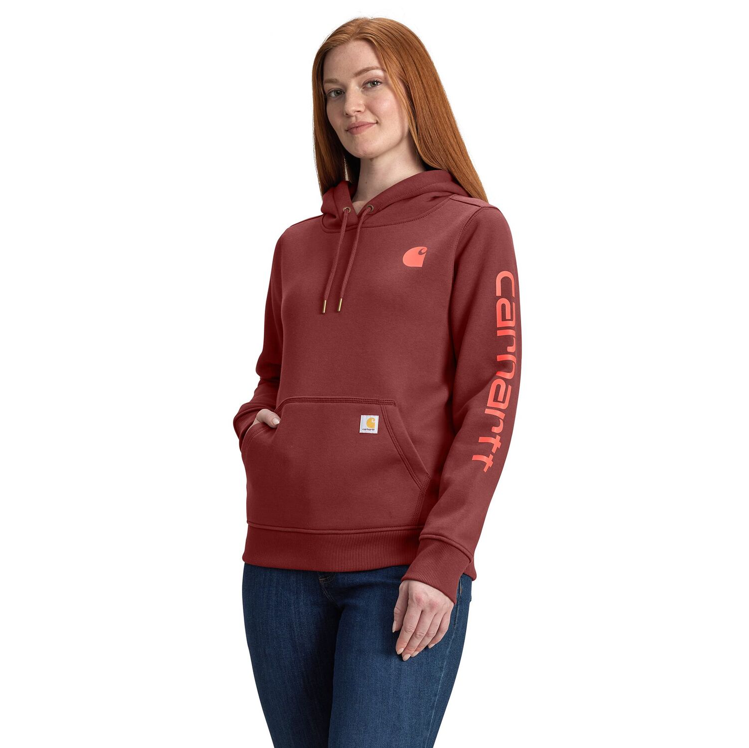 Carhartt Women's Relaxed Fit Midweight Logo Sleeve Graphic Hoodie in Barnwood
