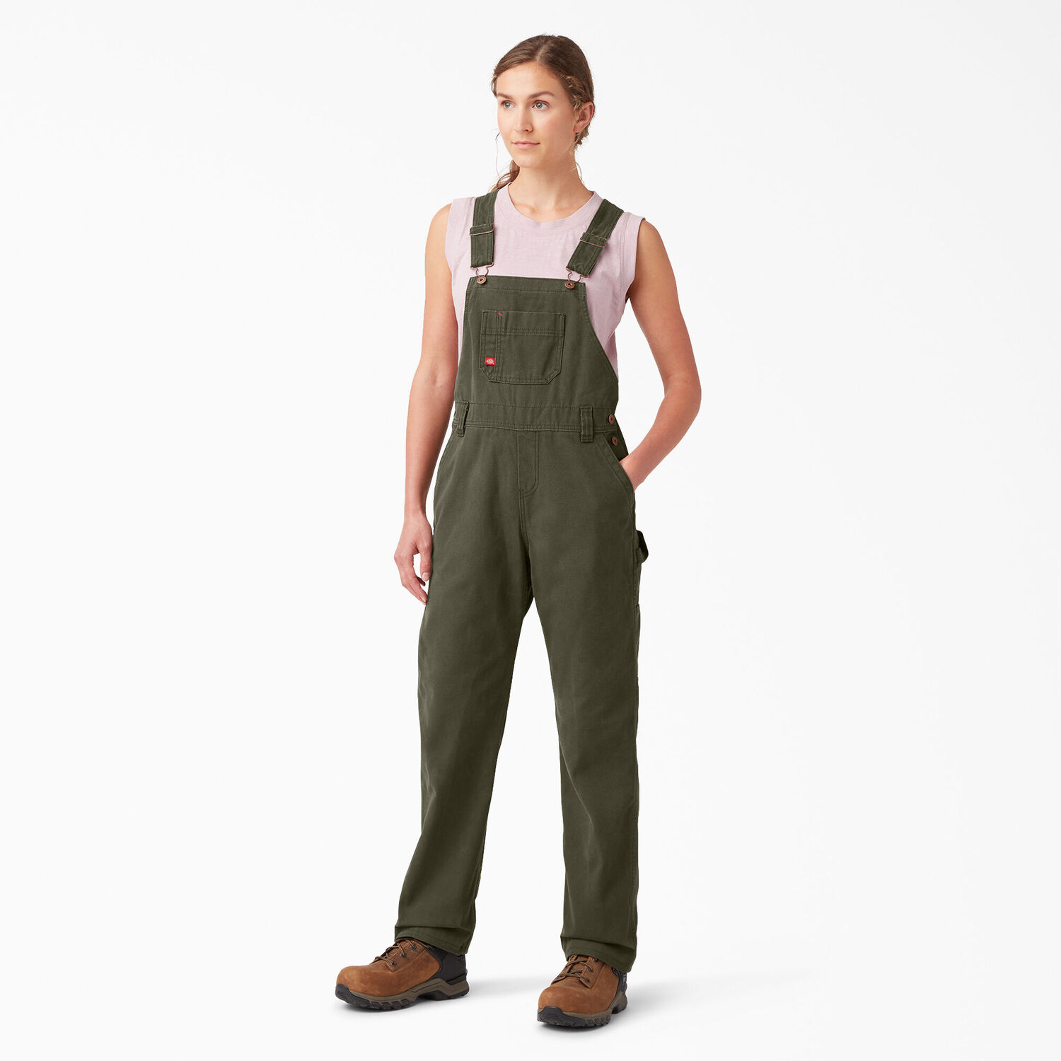 Dickies Women's Relaxed Fit Bib Overalls in Rinsed Moss Green