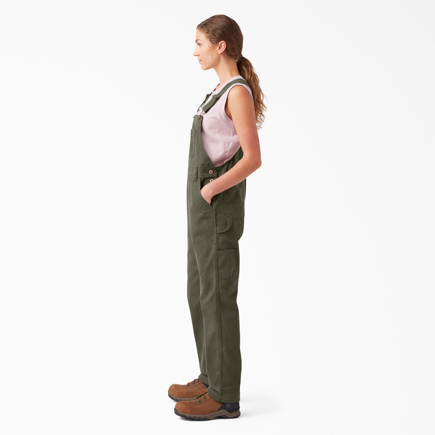 Dickies Women's Relaxed Fit Bib Overalls in Rinsed Moss Green