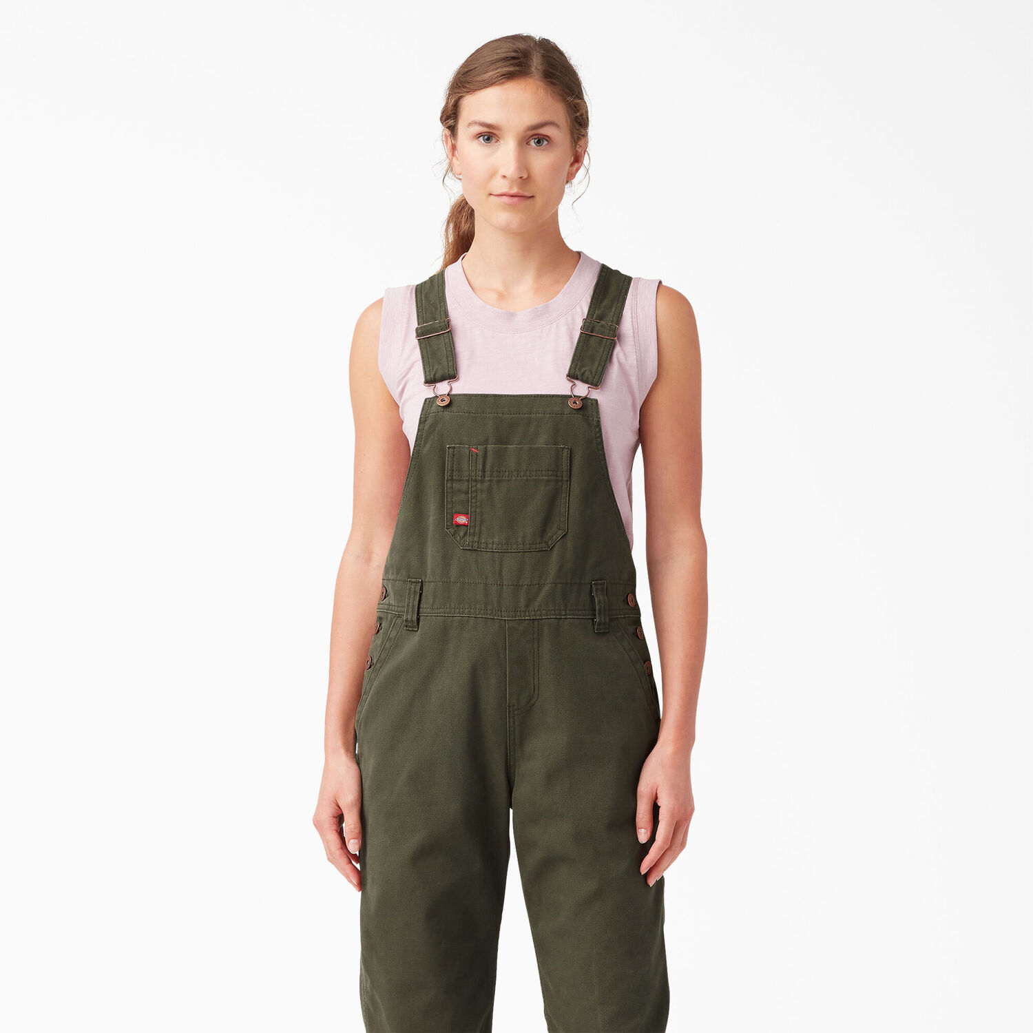 Dickies Women's Relaxed Fit Bib Overalls in Rinsed Moss Green
