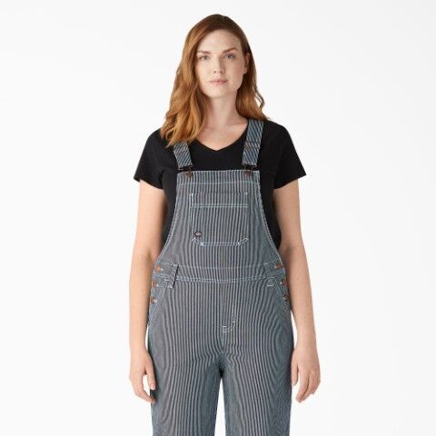 Dickies Women's Boyfriend Fit Bib Overalls in Stonewashed Hickory Stripe