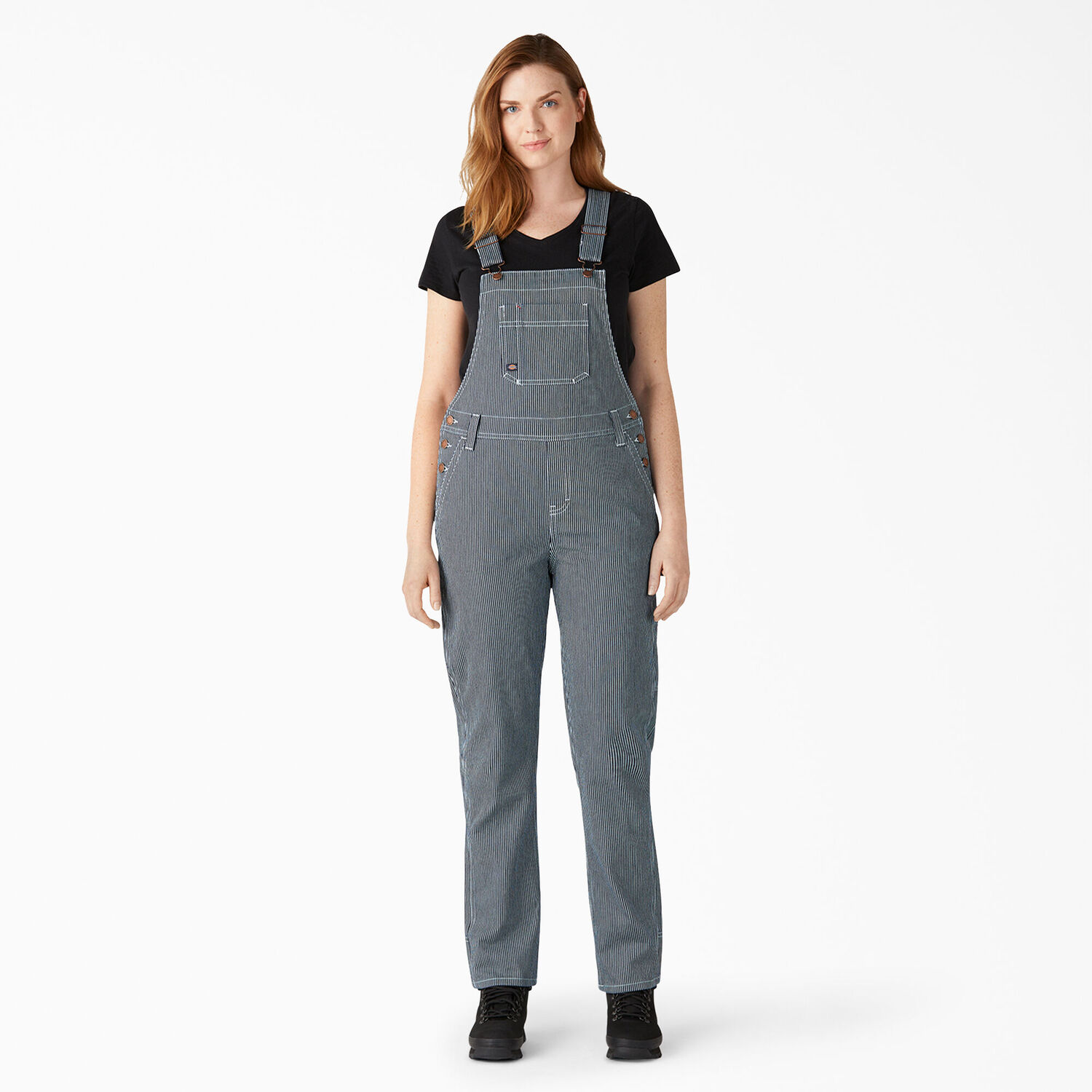 Dickies Women's Boyfriend Fit Bib Overalls in Stonewashed Hickory Stripe
