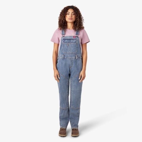 Dickies Women's Double Front Bib Overalls in Light Stonewashed Denim