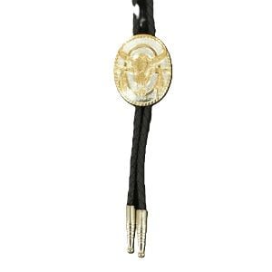 M & F Western Double S Bolo Tie Gold Skull with Feathers