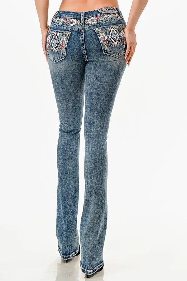 Grace In LA Women's Spring Flowers Mid Rise Embellished Bootcut Jeans