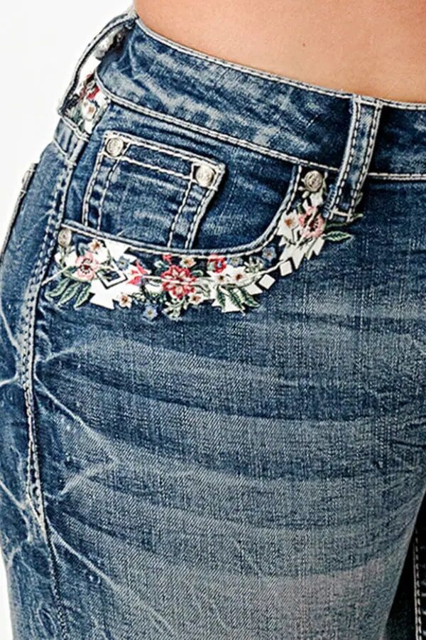 Grace In LA Women's Spring Flowers Mid Rise Embellished Bootcut Jeans