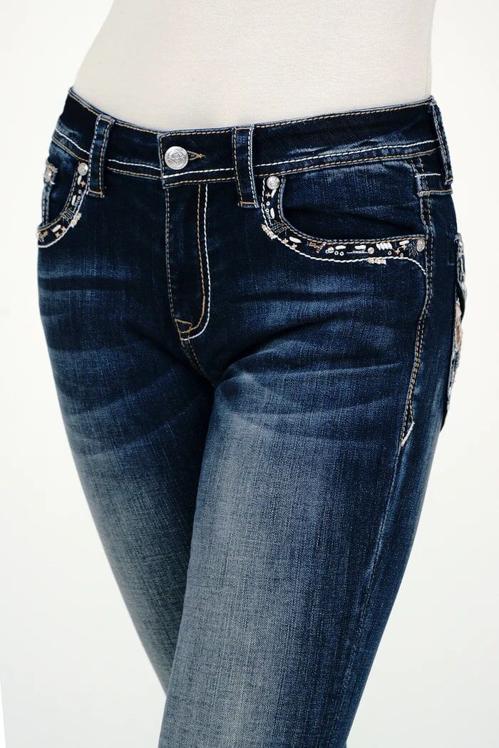 Grace In LA Women's Cow Hid Trims Faux Flap Mid Rise Bootcut Jeans