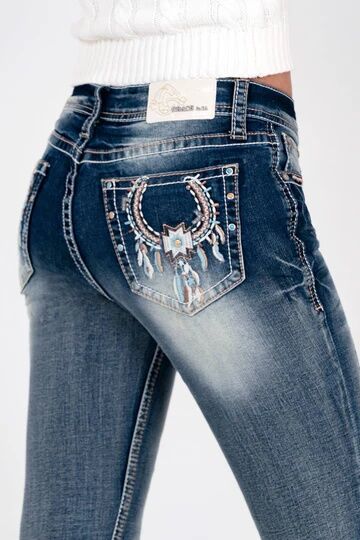 Grace In LA Women's Tribal Feathers Embroidered Denim Skirt