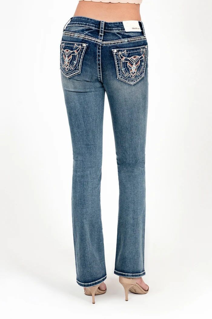 Grace In LA Women's Steer Head Colorful Embroidered Mid Rise Embellished Bootcut Jeans