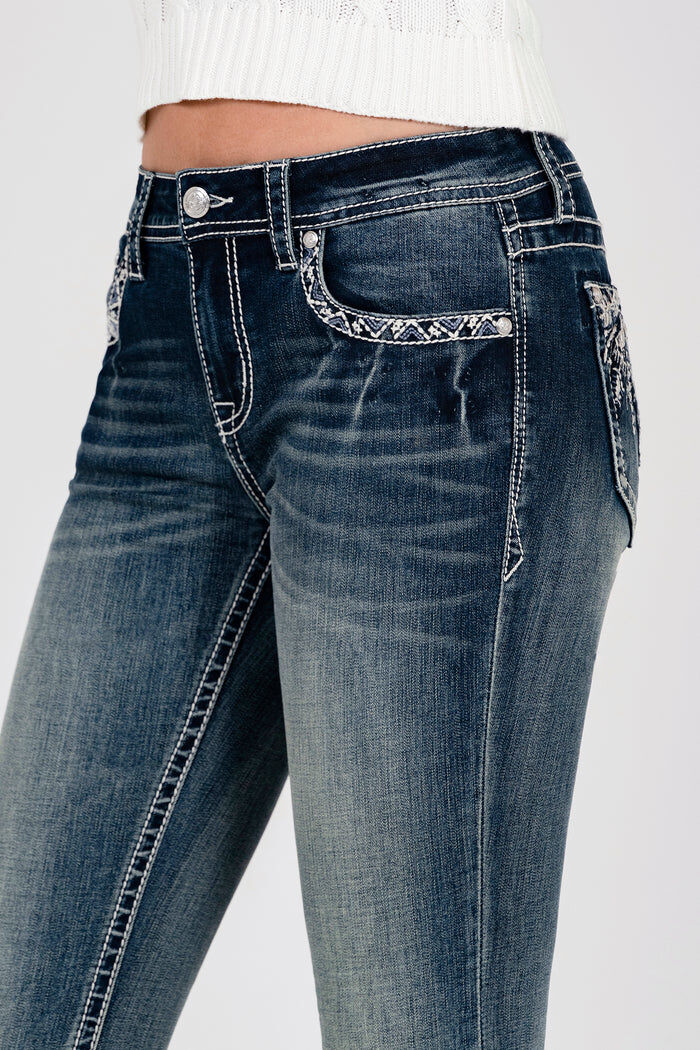 Grace In LA Women's Western Embellishment Mid Rise Bootcut Jeans in Dark Wash