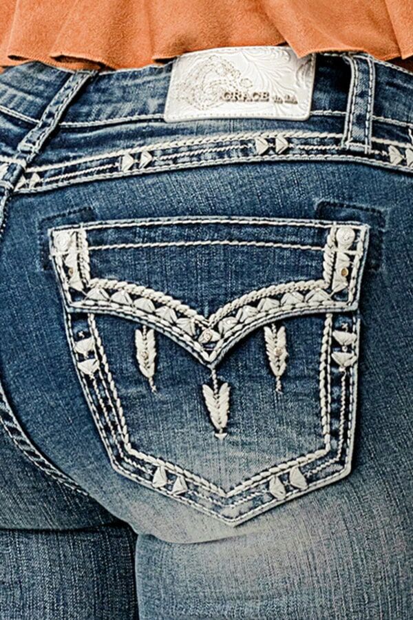 Grace in LA Women's Border Faux Flap Embellishment Mid Rise Capri Jeans in Medium Wash