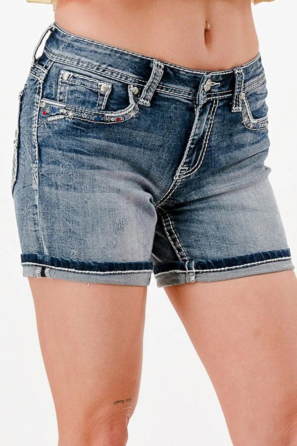 Grace In LA Women's Shooting Star Mid Rise Embroidered Denim Shorts