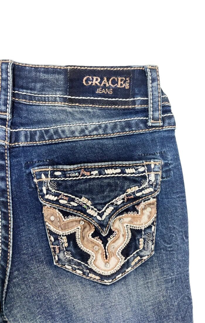 Grace In LA Girl's Horse Hide Trim Faux Flap Bootcut Jeans in Blue