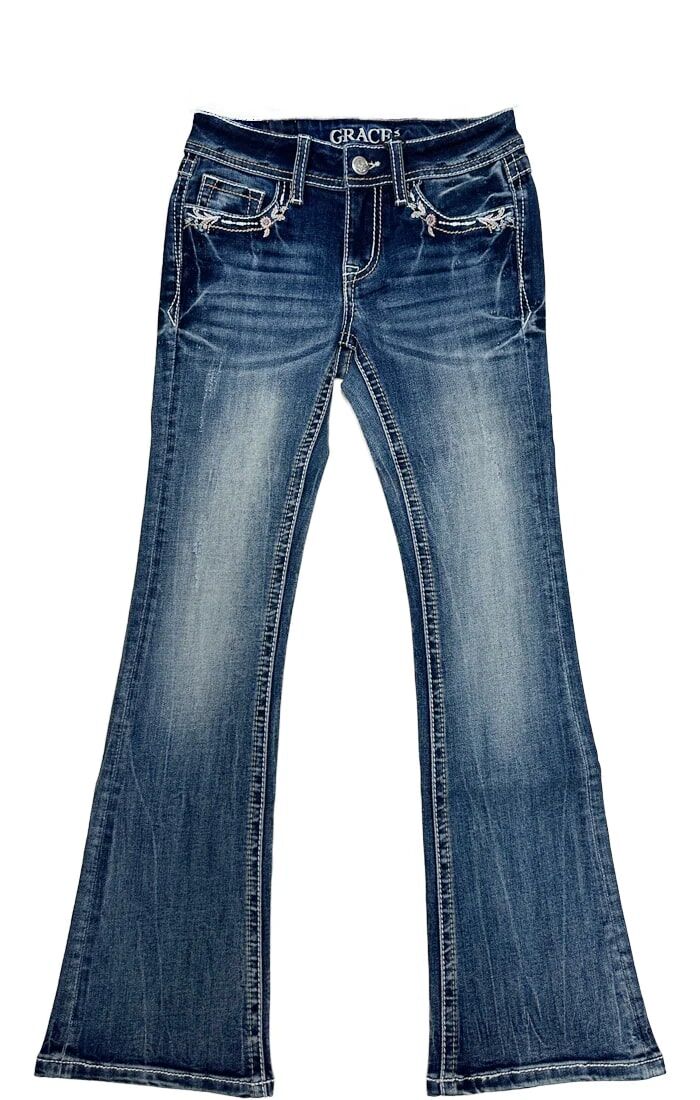 Grace In LA Girl's Floral Embroidery Faux Flap Bootcut Jeans in Blue