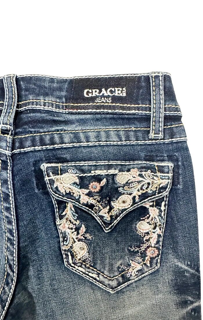 Grace In LA Girl's Floral Embroidery Faux Flap Bootcut Jeans in Blue