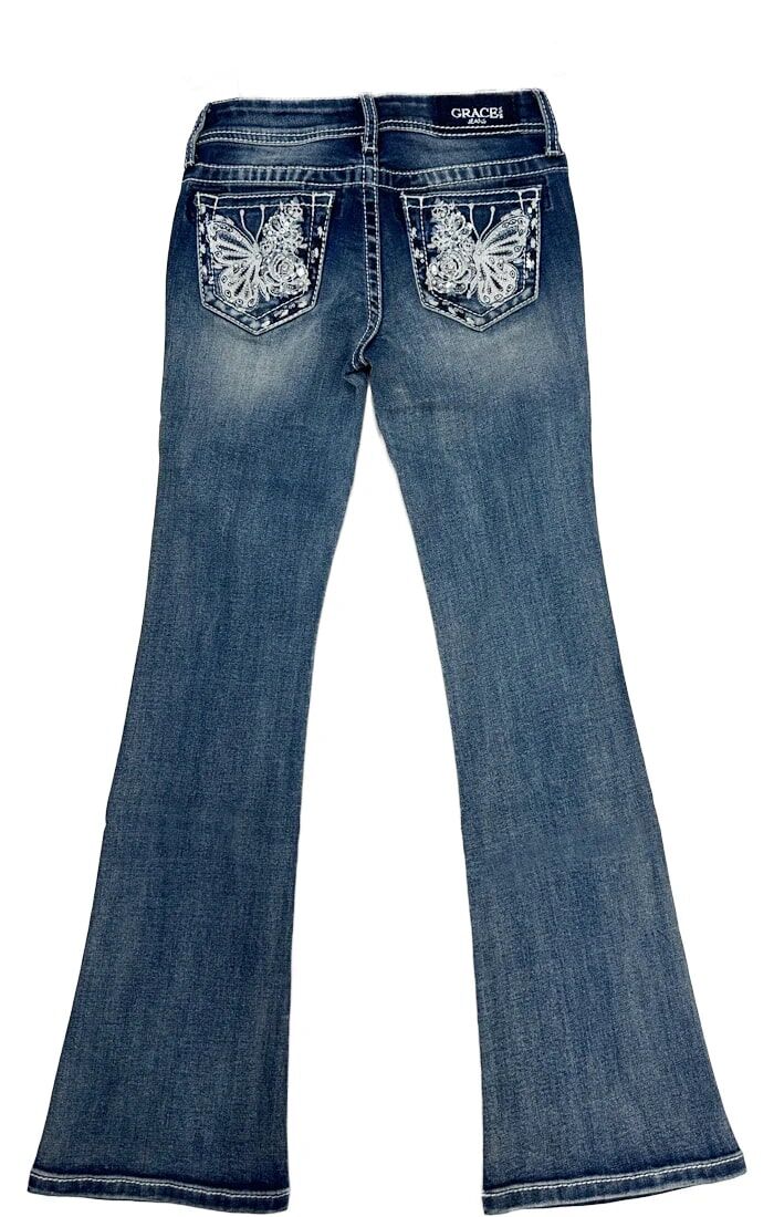 Grace In LA Girl's Butterfly Embroidered Bootcut Jeans