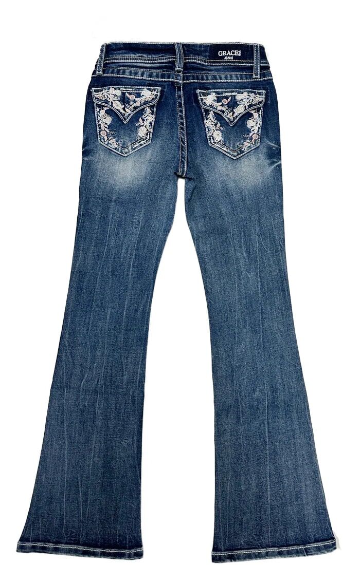 Grace In LA Little Girl's Floral Embroidery Faux Flap Bootcut Jeans in Blue