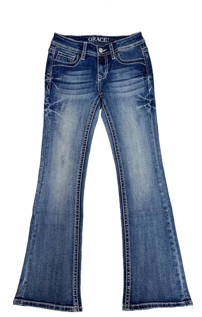 Grace In LA Little Girl's Steer Head Leopard Trim Bootcut Jeans in Blue