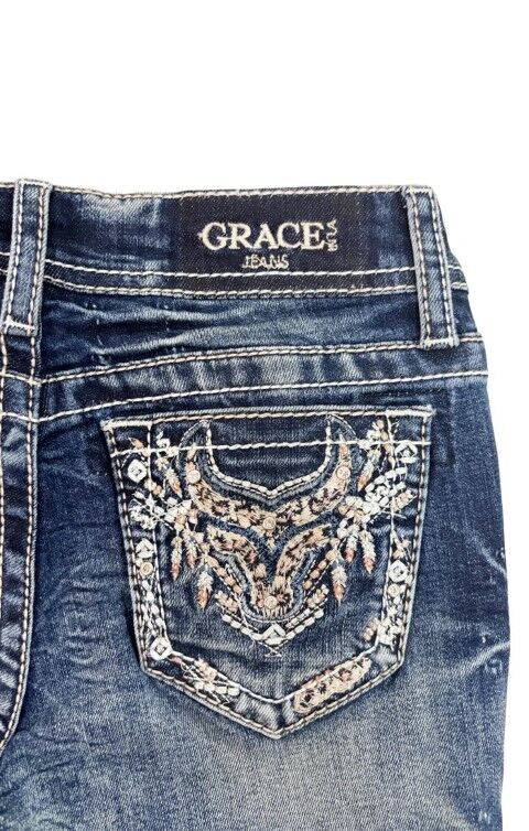 Grace In LA Little Girl's Steer Head Leopard Trim Bootcut Jeans in Blue