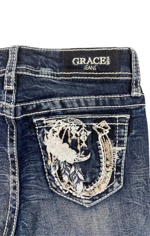 Grace In LA Girl's Horseshoe Embroidery Faux Flap Bootcut Jeans in Medium Wash