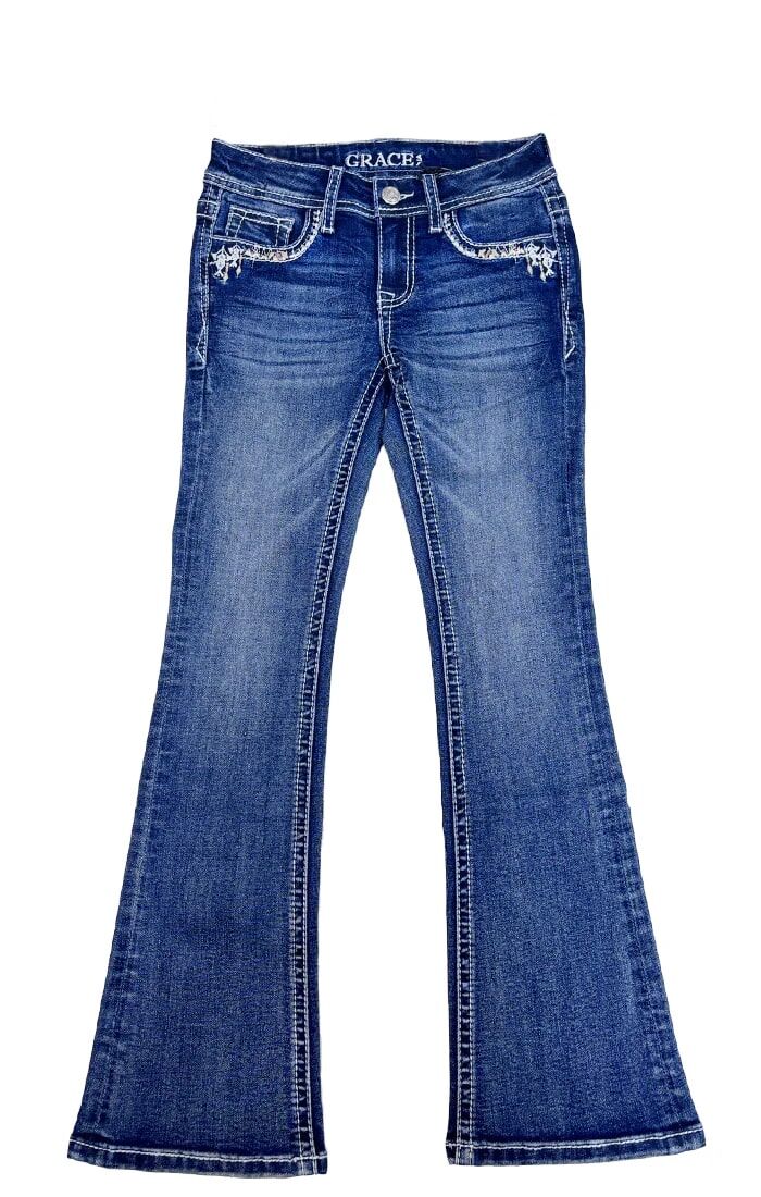 Grace In LA Girl's Horseshoe Embroidery Faux Flap Bootcut Jeans in Medium Wash