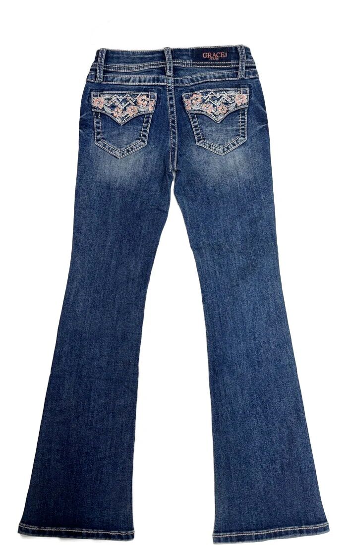 Grace in LA Girl's Floral Colorful Embroidery Faux Flap Bootcut Jeans in Dark Wash