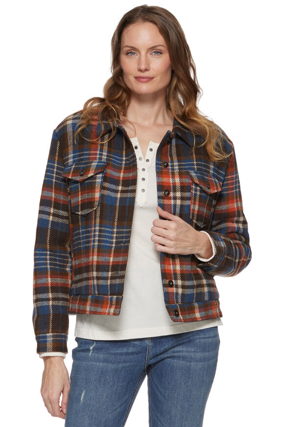 Threadgrit Women's Iris Plaid Sherpa Lined Jacket in Brown