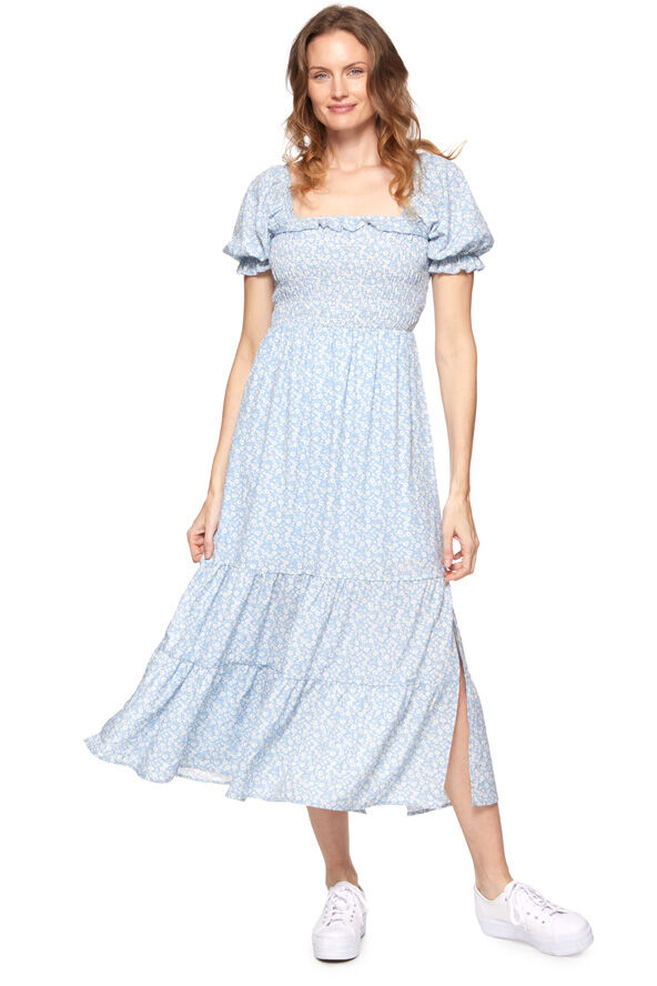 Threadgrit Women's Dolores Puff Sleeve Smocked Floral Maxi Dress in Blue